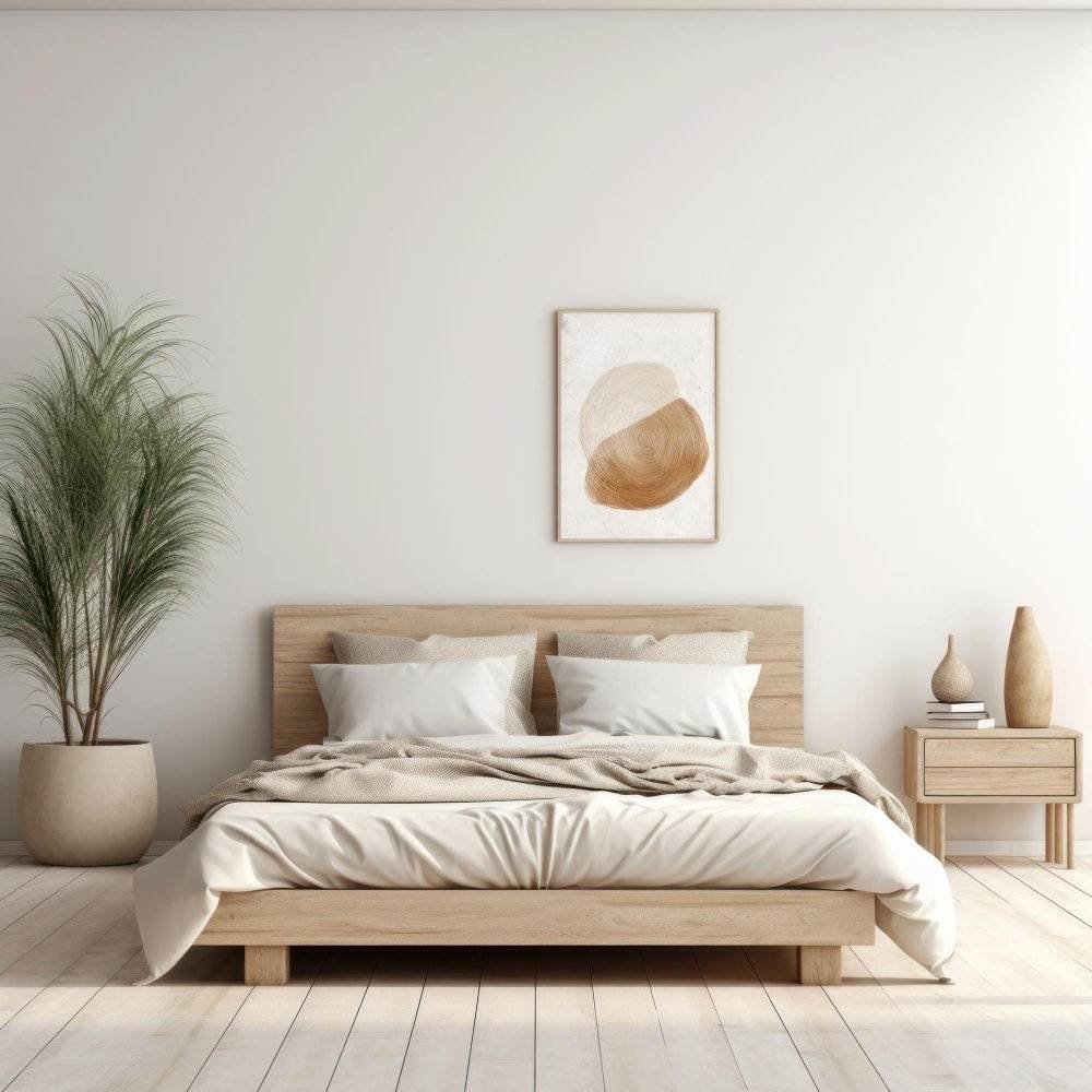 Ein minimalistisches Schlafzimmer mit einem hellen Holzbett und neutraler Bettwäsche. Zwei beige Kissen und eine beige Decke sind ordentlich angeordnet. Auf einem kleinen Nachttisch aus Holz stehen zwei Tonvasen. Links steht eine große Topfpflanze. An der weißen Wand über dem Bett hängt ein gerahmtes abstraktes Gemälde.